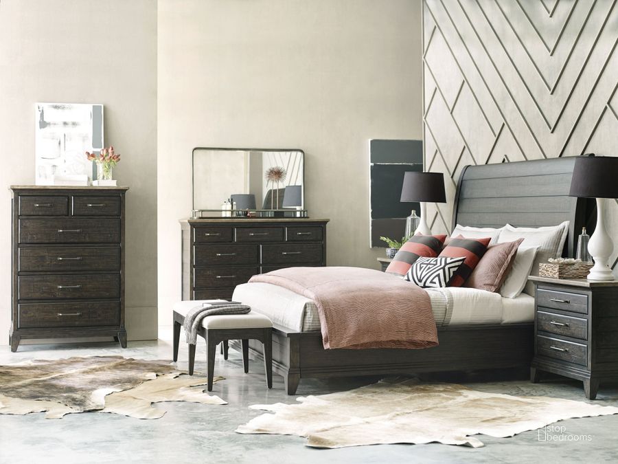 The appearance of Plank Road Charcoal Eastburn Sleigh Bedroom Set designed by Kincaid in the modern / contemporary interior design. This gray piece of furniture  was selected by 1StopBedrooms from Plank Road Collection to add a touch of cosiness and style into your home. Sku: 706-313CP;706-420C. Bed Type: Sleigh Bed. Material: Wood. Product Type: Sleigh Bed. Bed Size: Queen. Image1