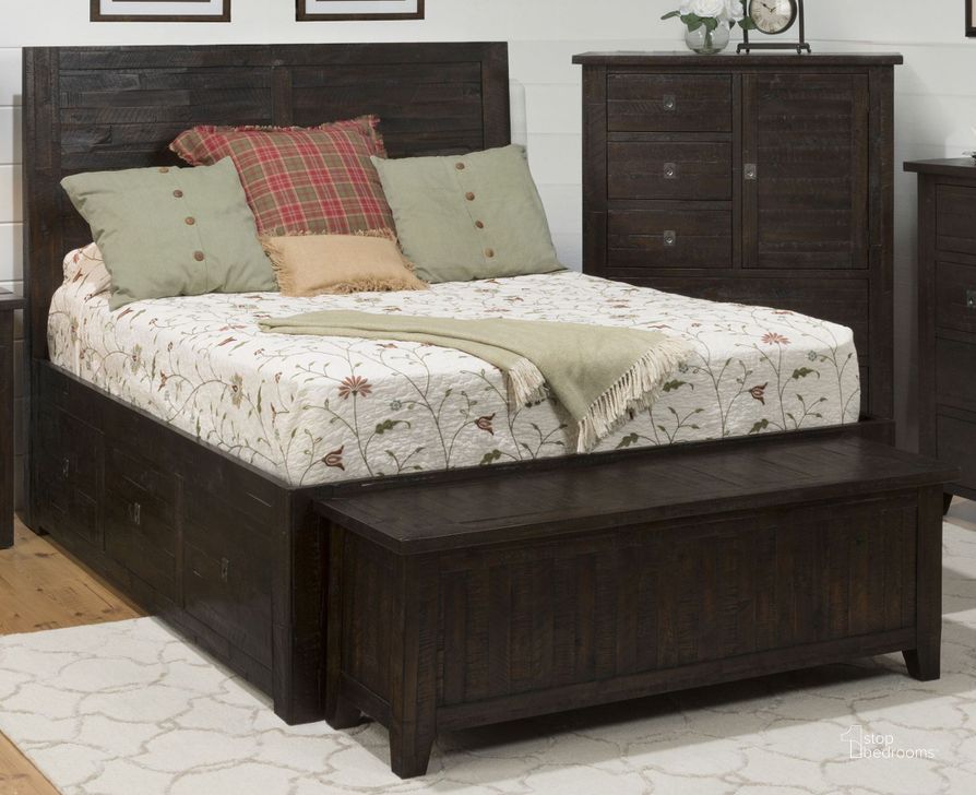 The appearance of Kona Grove Rustic Chocolate King Panel Storage Bed designed by Jofran in the transitional interior design. This brown piece of furniture  was selected by 1StopBedrooms from Kona Grove Collection to add a touch of cosiness and style into your home. Sku: 707-959687KT. Bed Type: Storage Bed. Material: Wood. Product Type: Storage Bed. Bed Size: King. Image1