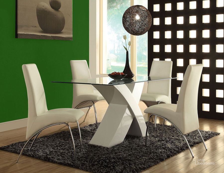 The appearance of Pervis Dining Room Set (White) designed by ACME in the modern / contemporary interior design. This white piece of furniture  was selected by 1StopBedrooms from Pervis Collection to add a touch of cosiness and style into your home. Sku: 71105ST;71106GL;71107. Table Base Style: Pedestal. Material: Wood. Product Type: Formal Dining Set. Table Top Shape: Rectangular. Table Top Style: Pedestal. Image1