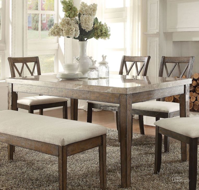 The appearance of Claudia White Marble and Salvage Brown Dining Table designed by ACME in the transitional interior design. This white piece of furniture  was selected by 1StopBedrooms from Claudia Collection to add a touch of cosiness and style into your home. Sku: 71715. Table Base Style: Legs. Product Type: Dining Table. Material: Stone. Table Top Shape: Rectangular. Size: 64". Image1