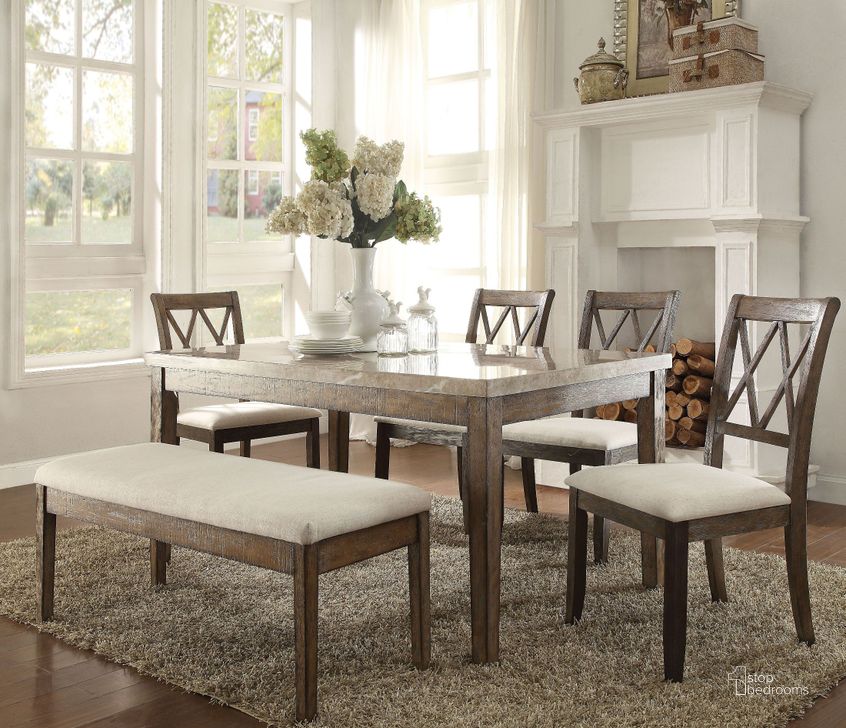 The appearance of Claudia White Marble and Salvage Brown Dining Room Set designed by ACME in the transitional interior design. This white piece of furniture  was selected by 1StopBedrooms from Claudia Collection to add a touch of cosiness and style into your home. Sku: 71715;71717. Table Base Style: Legs. Product Type: Dining Room Set. Material: Stone. Table Top Shape: Rectangular. Image1