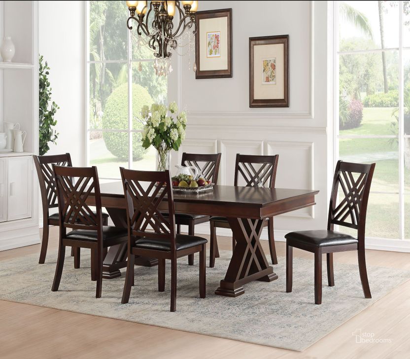The appearance of Katrien Espresso Dining Room Set designed by ACME in the transitional interior design. This black piece of furniture  was selected by 1StopBedrooms from Katrien Collection to add a touch of cosiness and style into your home. Sku: 71855T;71856ST;71857. Table Base Style: Double Pedestal. Material: Wood. Product Type: Dining Room Set. Table Top Shape: Rectangular. Image1
