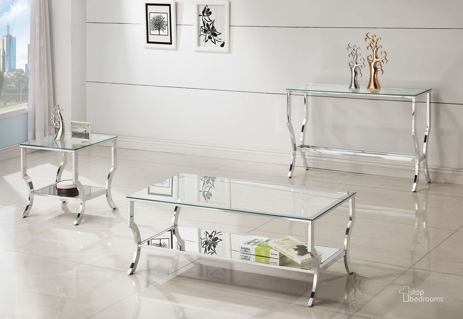 The appearance of Chrome and Tempered Glass Occasional Table Set designed by Coaster in the modern / contemporary interior design. This silver piece of furniture  was selected by 1StopBedrooms from Coffee Tables Collection to add a touch of cosiness and style into your home. Sku: 720338;720337. Material: Glass. Product Type: Occasional Table Set. Table Top Shape: Rectangular. Image1