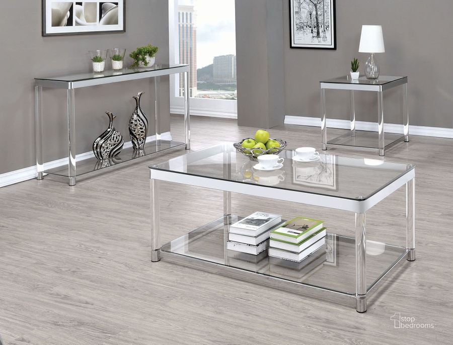 The appearance of Chrome and Clear Acrylic Rectangular Occasional Table Set designed by Coaster in the modern / contemporary interior design. This silver piece of furniture  was selected by 1StopBedrooms from Coffee Tables Collection to add a touch of cosiness and style into your home. Sku: 720748;720747. Material: Glass. Product Type: Occasional Table Set. Table Top Shape: Rectangular. Image1