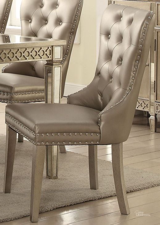 The appearance of Kacela Champagne Side Chair Set of 2 designed by ACME in the glam interior design. This brown piece of furniture  was selected by 1StopBedrooms from Kacela Collection to add a touch of cosiness and style into your home. Sku: 72157. Product Type: Side Chair. Material: Vinyl. Image1