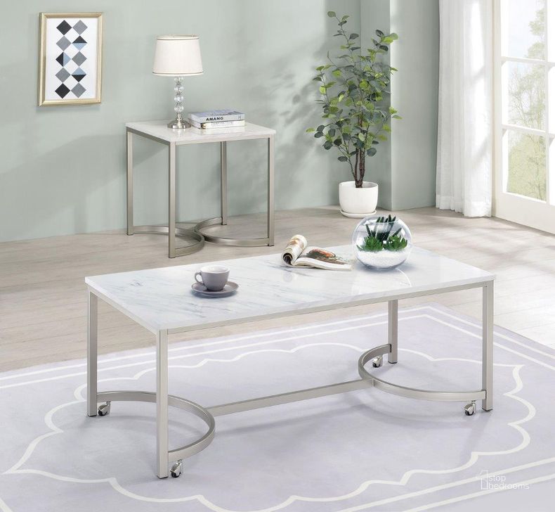The appearance of 721868 White Faux Marble And Satin Nickel Occasional Table Set designed by Coaster in the transitional interior design. This silver piece of furniture  was selected by 1StopBedrooms from  to add a touch of cosiness and style into your home. Sku: 721868;721867. Material: MDF. Product Type: Occasional Table Set. Image1