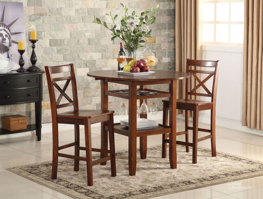 The appearance of Tartys Cherry Round Counter Height Dining Room Set designed by ACME in the country / farmhouse interior design. This brown piece of furniture  was selected by 1StopBedrooms from Tartys Collection to add a touch of cosiness and style into your home. Sku: 72535;72537. Table Top Shape: Round. Material: Wood. Product Type: Dining Room Set. Image1