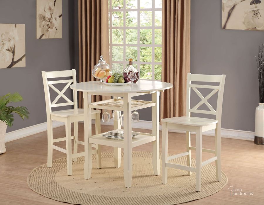 The appearance of Tartys Cream Round Counter Height Dining Room Set designed by ACME in the country / farmhouse interior design. This cream piece of furniture  was selected by 1StopBedrooms from Tartys Collection to add a touch of cosiness and style into your home. Sku: 72545;72547. Table Top Shape: Round. Material: Wood. Product Type: Dining Room Set. Image1