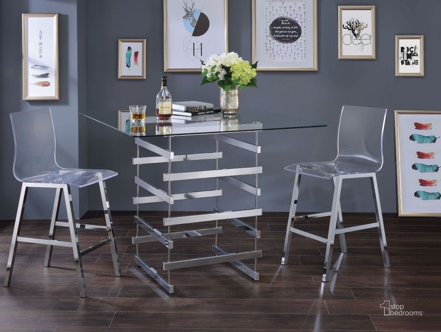 The appearance of Nadie Clear Glass Counter Height Dining Room Set designed by ACME in the modern / contemporary interior design. This silver piece of furniture  was selected by 1StopBedrooms from Nadie Collection to add a touch of cosiness and style into your home. Sku: 72590ST;72591GL;72592. Table Top Shape: Square. Material: Glass. Product Type: Dining Room Set. Image1