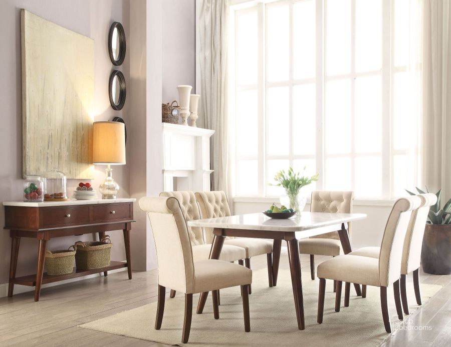 The appearance of Gasha White Marble and Walnut Dining Room Set designed by ACME in the transitional interior design. This white piece of furniture  was selected by 1StopBedrooms from Gasha Collection to add a touch of cosiness and style into your home. Sku: 72820;72822. Table Base Style: Legs. Product Type: Dining Room Set. Material: Stone. Table Top Shape: Rectangular. Image1