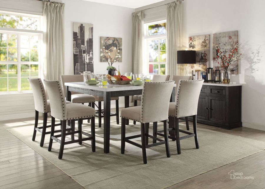 The appearance of Nolan White Marble and Salvage Dark Oak Counter Height Dining Room Set designed by ACME in the transitional interior design. This white piece of furniture  was selected by 1StopBedrooms from Nolan Collection to add a touch of cosiness and style into your home. Sku: 72855;72857. Material: Wood. Product Type: Dining Room Set. Table Top Shape: Rectangular. Image1