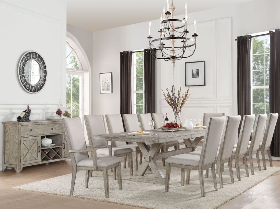 The appearance of Rocky Gray Oak Dining Room Set designed by ACME in the transitional interior design. This gray piece of furniture  was selected by 1StopBedrooms from Rocky Collection to add a touch of cosiness and style into your home. Sku: 72860T;72861ST;72862. Table Base Style: Trestle. Material: Wood. Product Type: Dining Room Set. Table Top Shape: Rectangular. Image1