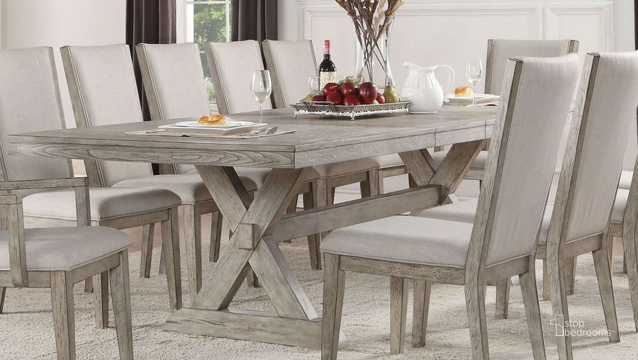 The appearance of Rocky Gray Oak Extendable Dining Table designed by ACME in the transitional interior design. This gray piece of furniture  was selected by 1StopBedrooms from Rocky Collection to add a touch of cosiness and style into your home. Sku: 72860T;72861ST. Table Base Style: Trestle. Material: Wood. Product Type: Dining Table. Table Top Shape: Rectangular. Image1