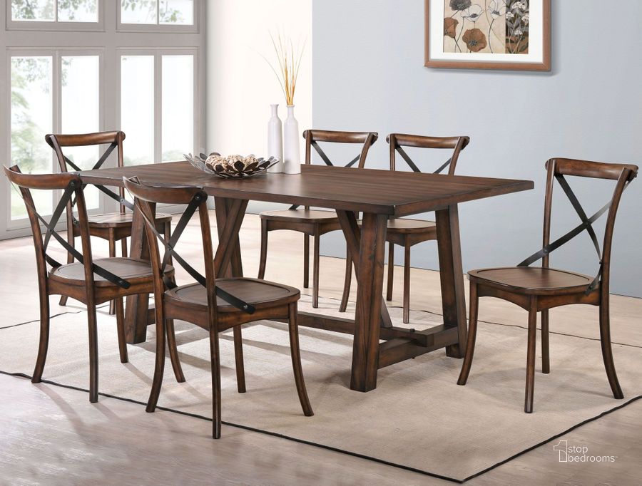 The appearance of Kaelyn Dark Oak Dining Room Set designed by ACME in the transitional interior design. This brown piece of furniture  was selected by 1StopBedrooms from Kaelyn Collection to add a touch of cosiness and style into your home. Sku: 73030;73032. Table Base Style: Trestle. Material: Wood. Product Type: Dining Room Set. Table Top Shape: Rectangular. Image1
