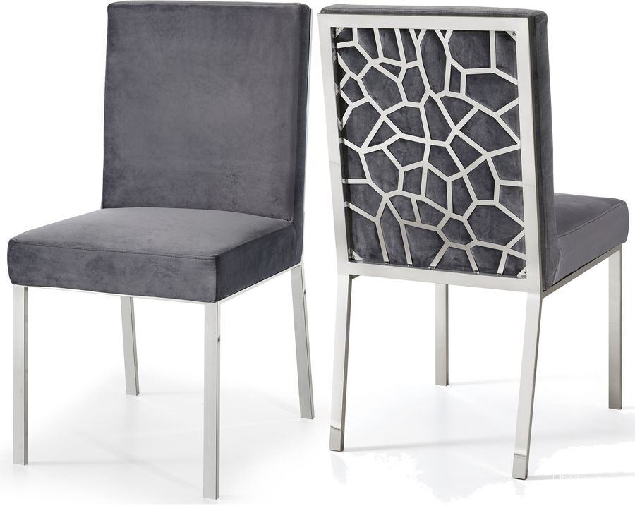 The appearance of Meridian Opal Velvet Dining Chair in Grey (Set of 2) 736Grey-C designed by Meridian in the modern / contemporary interior design. This grey velvet piece of furniture  was selected by 1StopBedrooms from Opal Collection to add a touch of cosiness and style into your home. Sku: 736Grey-C. Material: Fabric. Product Type: Dining Chair. Image1