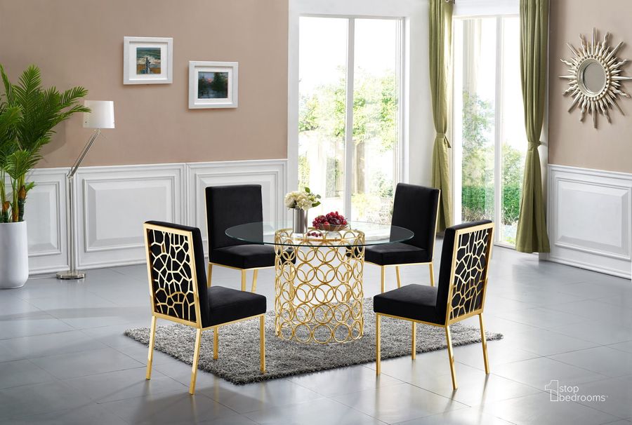 The appearance of Meridian Opal 5pcs Dining Room Set in Gold designed by Meridian in the modern / contemporary interior design. This gold piece of furniture  was selected by 1StopBedrooms from Opal Collection to add a touch of cosiness and style into your home. Sku: 737-T-1;737-T-2;737Black-C. Table Base Style: Pedestal. Table Top Shape: Round. Product Type: Casual Dining Set. Material: Casual. Image1