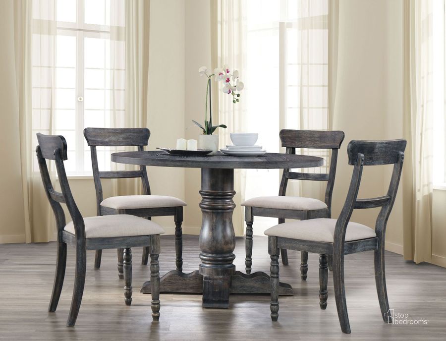 The appearance of Wallace Weathered Gray Pedestal Dining Room Set designed by ACME in the transitional interior design. This red piece of furniture  was selected by 1StopBedrooms from Wallace Collection to add a touch of cosiness and style into your home. Sku: 74640T;74641ST;71437. Table Top Shape: Round. Material: Wood. Product Type: Dining Room Set. Image1