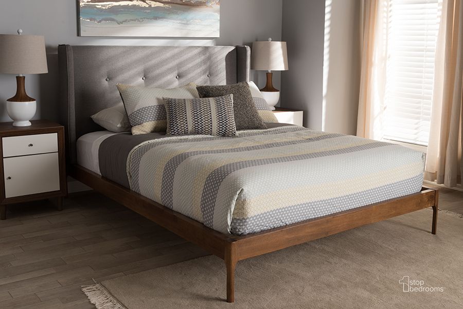 The appearance of Baxton Studio Brooklyn Mid-Century Modern Walnut Wood Grey Fabric King Size Platform Bed designed by Baxton Studio in the transitional interior design. This grey piece of furniture  was selected by 1StopBedrooms from Brooklyn Collection to add a touch of cosiness and style into your home. Sku: BBT6653-Grey-King-XD45. Bed Type: Platform Bed. Material: Fabric. Product Type: Platform Bed. Bed Size: King. Image1