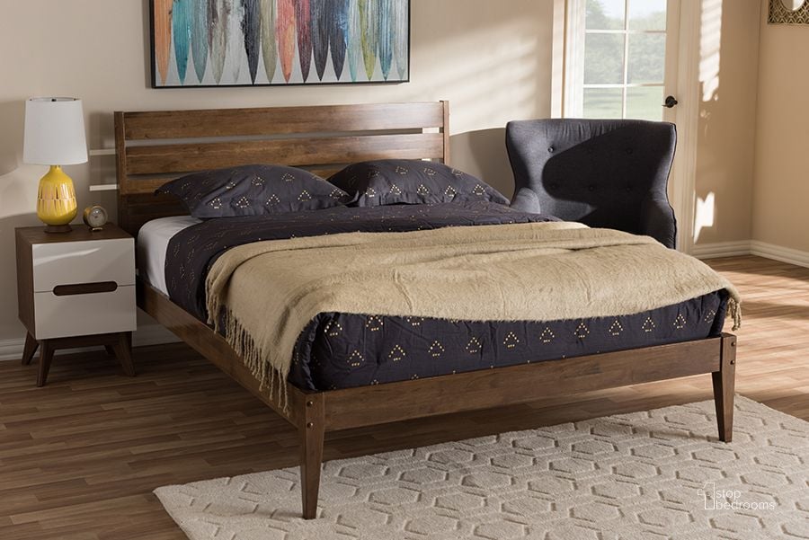 The appearance of Baxton Studio Elmdon Mid-Century Modern Solid Walnut Wood Slatted Headboard Style King Size Platform Bed designed by Baxton Studio in the transitional interior design. This walnut piece of furniture  was selected by 1StopBedrooms from Elmdon Collection to add a touch of cosiness and style into your home. Sku: SW8066-Walnut-M17-King. Bed Type: Platform Bed. Material: Wood. Product Type: Platform Bed. Bed Size: King. Image1