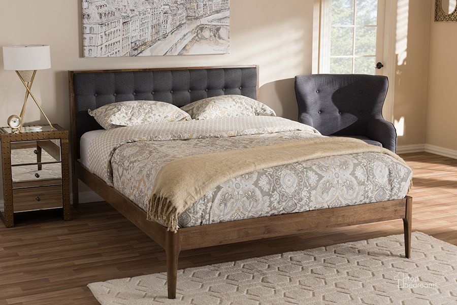 The appearance of Baxton Studio Jupiter Mid-Century Modern Grey Fabric Upholstered Button-Tufted King Size Platform Bed designed by Baxton Studio in the transitional interior design. This walnut piece of furniture  was selected by 1StopBedrooms from Jupiter Collection to add a touch of cosiness and style into your home. Sku: SW8085-Walnut-M17-King. Bed Type: Platform Bed. Material: Fabric. Product Type: Platform Bed. Bed Size: King. Image1
