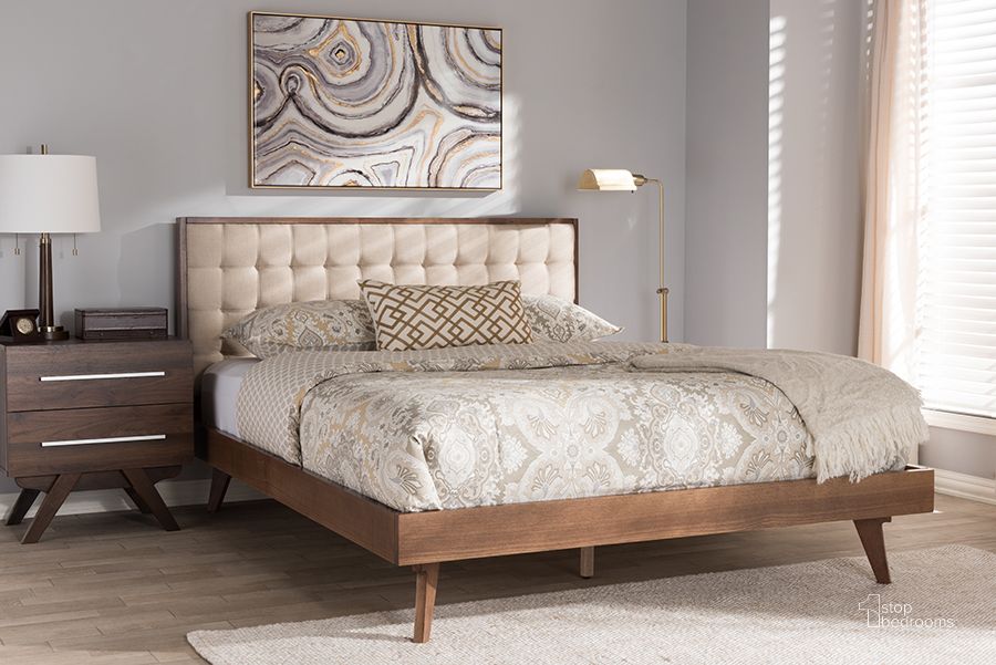 The appearance of Baxton Studio Soloman Mid-Century Modern Light Beige Fabric And Walnut Brown Finished Wood Queen Size Platform Bed designed by Baxton Studio in the transitional interior design. This light beige piece of furniture  was selected by 1StopBedrooms from Soloman Collection to add a touch of cosiness and style into your home. Sku: Solomon-Ash Walnut/Beige-Queen. Bed Type: Platform Bed. Material: Fabric. Product Type: Platform Bed. Bed Size: Queen. Image1