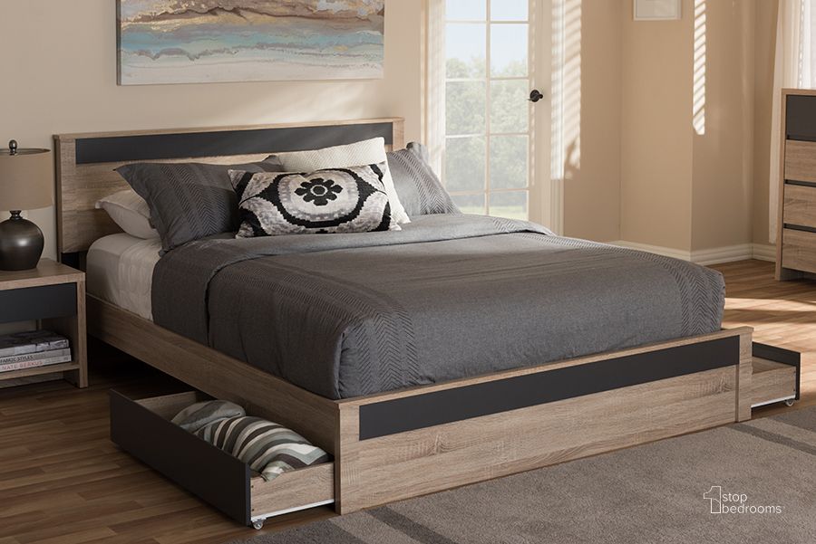 The appearance of Baxton Studio Jamie Modern And Contemporary Two-Tone Oak And Grey Wood Queen 2-Drawer Queen Size Storage Platform Bed designed by Baxton Studio in the modern / contemporary interior design. This light brown piece of furniture  was selected by 1StopBedrooms from Jamie Collection to add a touch of cosiness and style into your home. Sku: JMQB002291-Hana Oak/Dark Grey-2DW-Queen. Bed Type: Platform Bed. Product Type: Platform Bed. Bed Size: Queen. Material: MDF. Image1