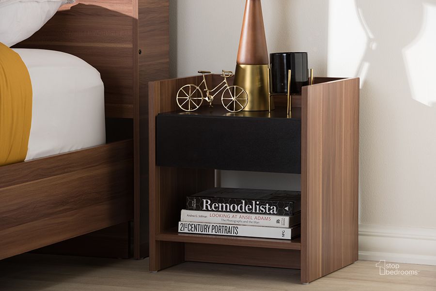 The appearance of Baxton Studio Vanda Modern And Contemporary Two-Tone Walnut And Black Wood 1-Drawer Nightstand designed by Baxton Studio in the modern / contemporary interior design. This black piece of furniture  was selected by 1StopBedrooms from Vanda Collection to add a touch of cosiness and style into your home. Sku: VDNT0014-Walnut/Black-NS. Product Type: Nightstand. Material: MDF. Image1