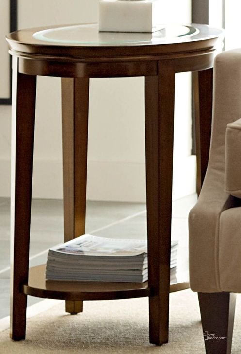The appearance of Elise Oval Hand-rubbed amaretto End Table designed by Kincaid in the modern / contemporary interior design. This brown piece of furniture  was selected by 1StopBedrooms from Elise Collection to add a touch of cosiness and style into your home. Sku: 77-020. Table Top Shape: Oval. Material: Wood. Product Type: End Table. Image1