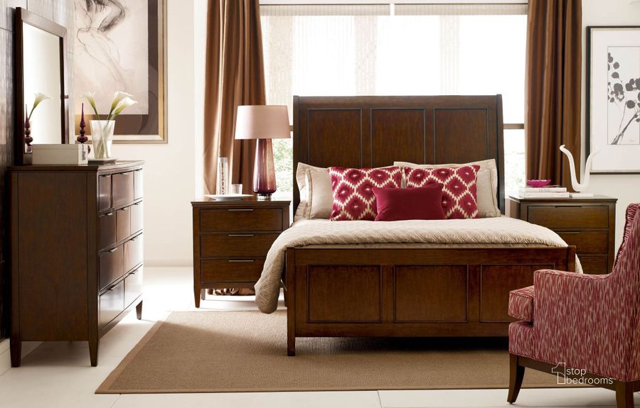 The appearance of Elise Caris Sleigh Bedroom Set designed by Kincaid in the modern / contemporary interior design. This brown piece of furniture  was selected by 1StopBedrooms from Elise Collection to add a touch of cosiness and style into your home. Sku: 77-135P;77-141. Bed Type: Sleigh Bed. Material: Wood. Product Type: Sleigh Bed. Bed Size: Queen. Image1