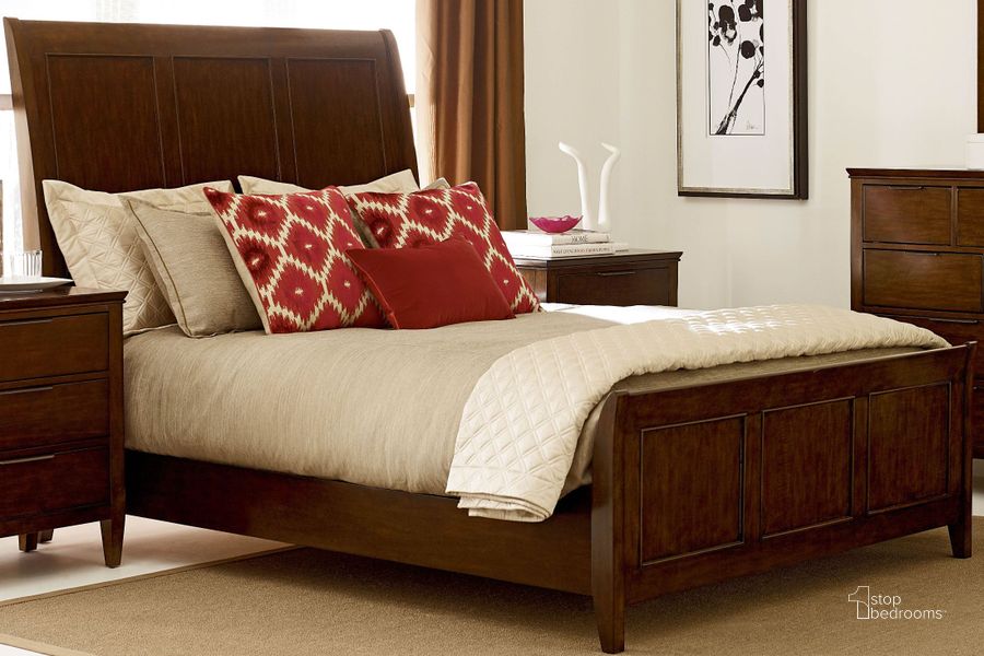 The appearance of Elise Caris King Sleigh Bed designed by Kincaid in the modern / contemporary interior design. This brown piece of furniture  was selected by 1StopBedrooms from Elise Collection to add a touch of cosiness and style into your home. Sku: 77-136P. Bed Type: Sleigh Bed. Material: Wood. Product Type: Sleigh Bed. Bed Size: King. Image1