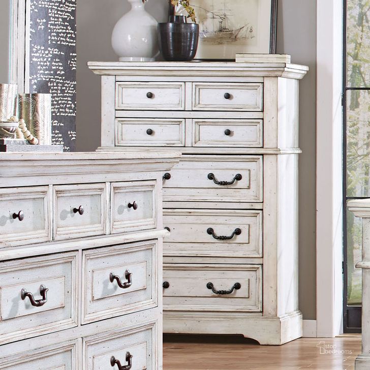 The appearance of Stonebrook Drawer Chest (Antique White) designed by American Woodcrafters in the transitional interior design. This antique white piece of furniture  was selected by 1StopBedrooms from Stonebrook Collection to add a touch of cosiness and style into your home. Sku: 7810-150. Material: Wood. Product Type: Chest. Image1
