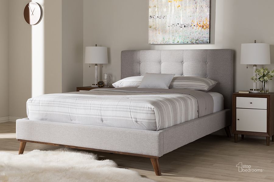 The appearance of Baxton Studio Valencia Mid-Century Modern Greyish Beige Fabric King Size Platform Bed designed by Baxton Studio in the transitional interior design. This beige piece of furniture  was selected by 1StopBedrooms from Valencia Collection to add a touch of cosiness and style into your home. Sku: BBT6662-Greyish Beige-King. Bed Type: Platform Bed. Material: Fabric. Product Type: Platform Bed. Bed Size: King. Image1