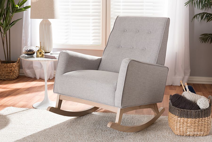 The appearance of Baxton Studio Marlena Mid-Century Modern Greyish Beige Fabric Upholstered Whitewash Wood Rocking Chair designed by Baxton Studio in the transitional interior design. This beige piece of furniture  was selected by 1StopBedrooms from Marlena Collection to add a touch of cosiness and style into your home. Sku: BBT5308-Greyish Beige RC. Material: Fabric. Product Type: Living Room Chair. Image1