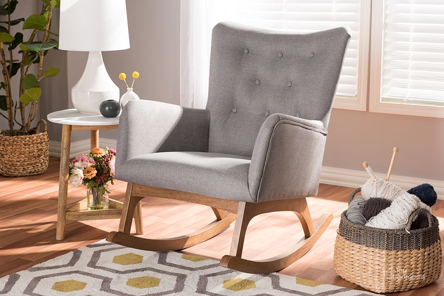 The appearance of Baxton Studio Waldmann Mid-Century Modern Grey Fabric Upholstered Rocking Chair designed by Baxton Studio in the transitional interior design. This grey piece of furniture  was selected by 1StopBedrooms from Waldmann Collection to add a touch of cosiness and style into your home. Sku: BBT5303-Grey-RC. Material: Fabric. Product Type: Living Room Chair. Image1