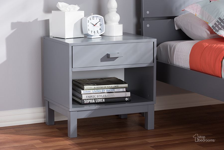 The appearance of Baxton Studio Deirdre Modern And Contemporary Grey Wood 1-Drawer Nightstand designed by Baxton Studio in the modern / contemporary interior design. This grey piece of furniture  was selected by 1StopBedrooms from Deirdre Collection to add a touch of cosiness and style into your home. Sku: HNS01-Grey-NS. Product Type: Nightstand. Material: Rubberwood. Image1