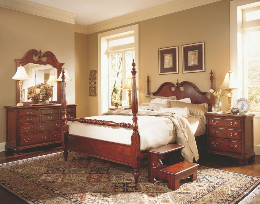 The appearance of Cherry Grove Classic Antique Cherry Low Poster Bedroom Set designed by American Drew in the traditional interior design. This brown piece of furniture  was selected by 1StopBedrooms from Cherry Collection to add a touch of cosiness and style into your home. Sku: 791-383R;791-421. Bed Type: Poster Bed. Material: Wood. Product Type: Poster Bed. Bed Size: Queen. Image1