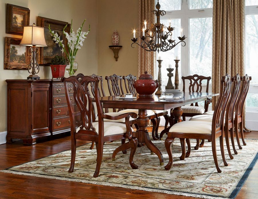 The appearance of Cherry Grove Classic Antique Cherry Pedestal Dining Room Set designed by American Drew in the traditional interior design. This brown piece of furniture  was selected by 1StopBedrooms from Cherry Collection to add a touch of cosiness and style into your home. Sku: 792-744R;792-636. Material: Wood. Product Type: Dining Room Set. Table Top Shape: Rectangular. Image1