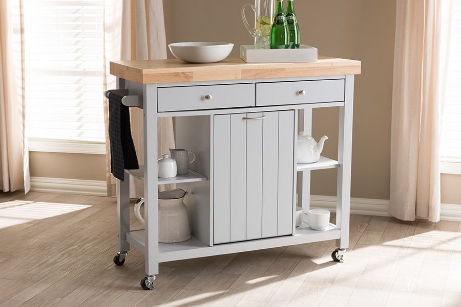 The appearance of Baxton Studio Hayward Coastal And Farmhouse Light Grey Wood Kitchen Cart designed by Baxton Studio in the country / farmhouse interior design. This light grey piece of furniture  was selected by 1StopBedrooms from Hayward Collection to add a touch of cosiness and style into your home. Sku: RT372-OCC. Product Type: Kitchen Islands and Serving Cart. Material: Rubberwood. Image1