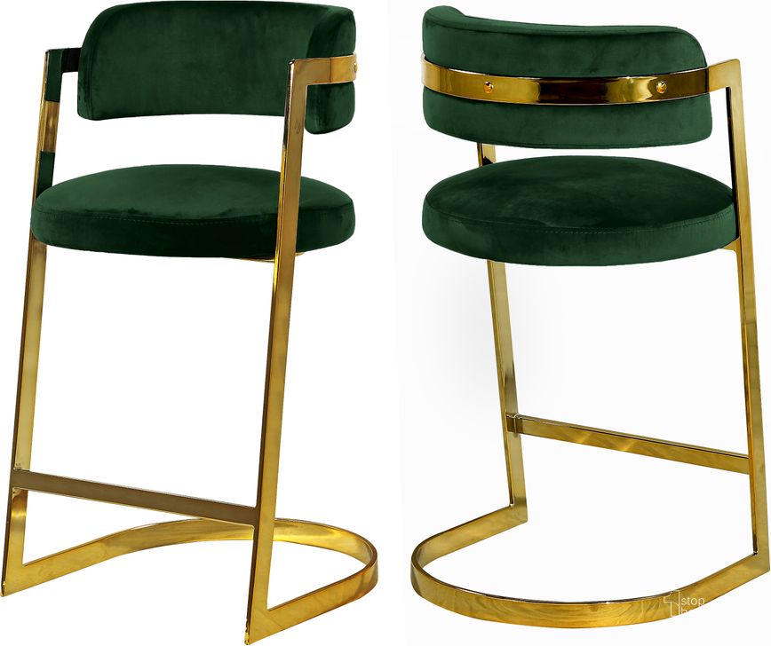 The appearance of Meridian Furniture Stephanie Velvet Stool in Green Set of 2 designed by Meridian in the modern / contemporary interior design. This green velvet piece of furniture  was selected by 1StopBedrooms from Stephanie Collection to add a touch of cosiness and style into your home. Sku: 796Green-C. Product Type: Barstool. Material: Velvet. Image1