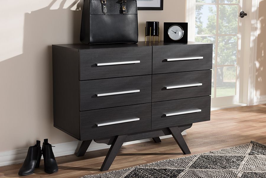 The appearance of Baxton Studio Auburn Mid-Century Modern Espresso Brown Finished Wood 6-Drawer Dresser designed by Baxton Studio in the transitional interior design. This dark brown piece of furniture  was selected by 1StopBedrooms from Auburn Collection to add a touch of cosiness and style into your home. Sku: DC 5310-00-Dark Brown-Chest. Product Type: Dresser. Material: MDF. Image1