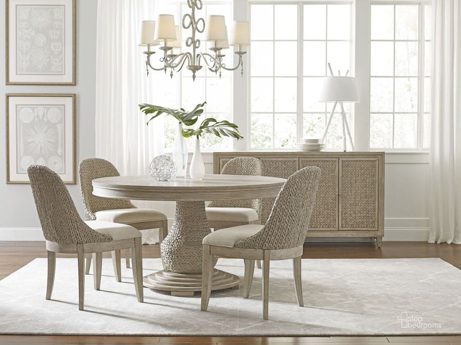 The appearance of Vista Largo Oyster Round Dining Room Set designed by American Drew in the transitional interior design. This brown piece of furniture  was selected by 1StopBedrooms from Vista Collection to add a touch of cosiness and style into your home. Sku: 803-701R;803-636. Table Base Style: Pedestal. Table Top Shape: Round. Material: Wood. Product Type: Dining Room Set. Image1
