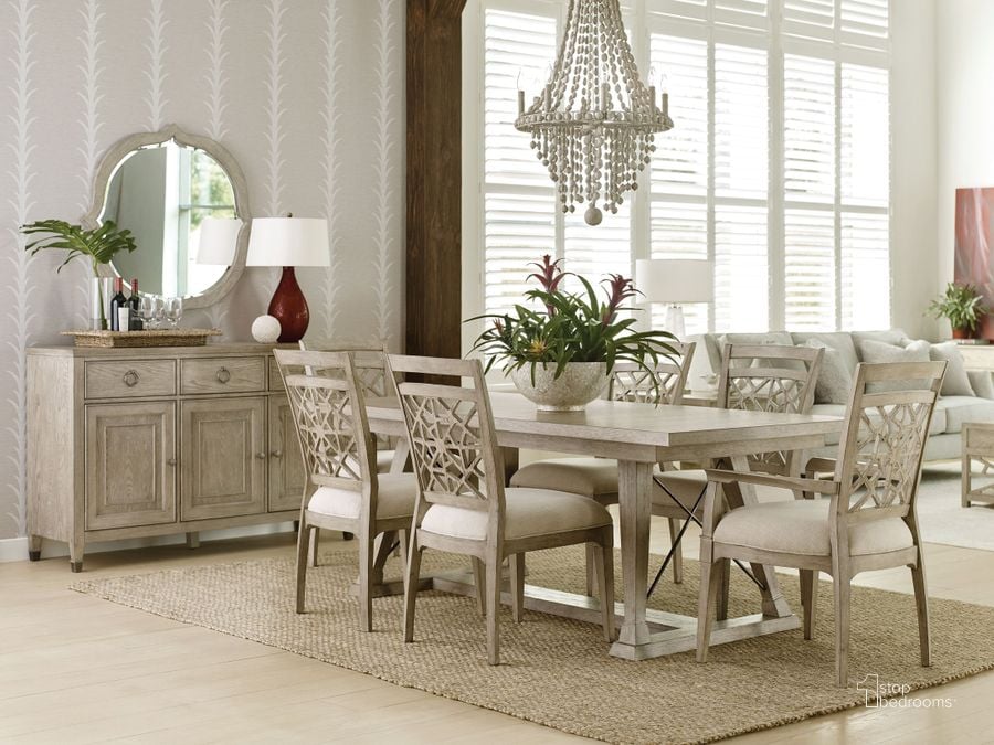 The appearance of Vista Clayton Oyster Dining Room Set designed by American Drew in the transitional interior design. This brown piece of furniture  was selected by 1StopBedrooms from Vista Collection to add a touch of cosiness and style into your home. Sku: 803-744R;803-636. Table Base Style: Trestle. Material: Wood. Product Type: Dining Room Set. Table Top Shape: Rectangular. Image1