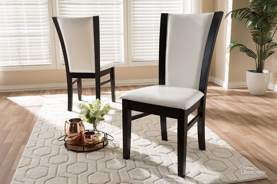 The appearance of Baxton Studio Adley Modern And Contemporary Dark Brown Finished White Faux Leather Dining Chair (Set Of 2) designed by Baxton Studio in the modern / contemporary interior design. This white piece of furniture  was selected by 1StopBedrooms from Adley Collection to add a touch of cosiness and style into your home. Sku: RH5510C-Dark Brown/White-DC. Product Type: Dining Chair. Material: Rubberwood. Image1