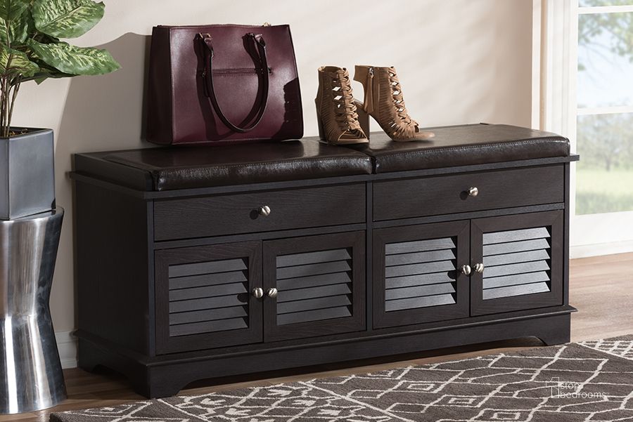 The appearance of Baxton Studio Leo Modern And Contemporary Dark Brown Wood 2-Drawer Shoe Storage Bench designed by Baxton Studio in the modern / contemporary interior design. This dark brown piece of furniture  was selected by 1StopBedrooms from Leo Collection to add a touch of cosiness and style into your home. Sku: W-1705-5003-Dark Brown-Shoe Bench. Material: MDF. Product Type: Entryway Furniture. Image1
