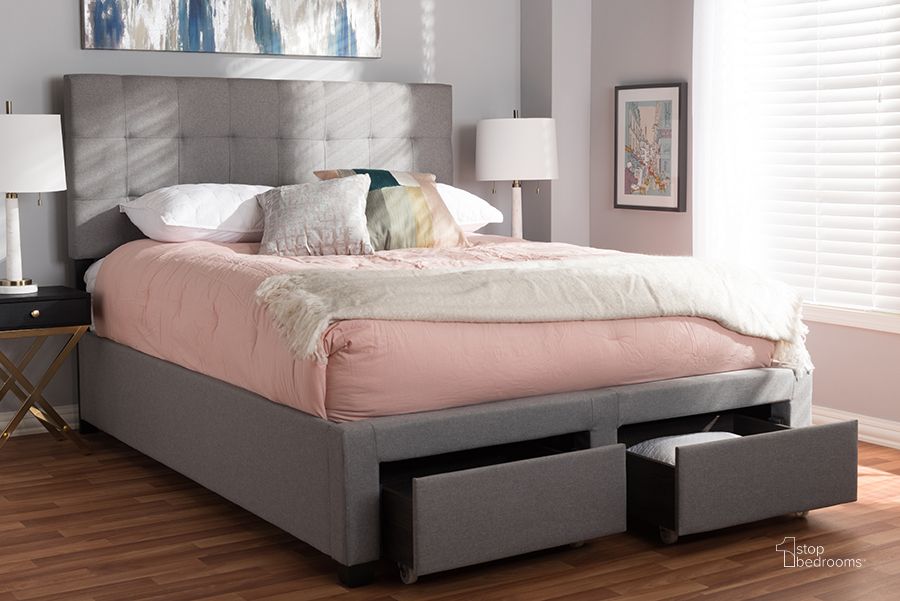 The appearance of Baxton Studio Tibault Modern And Contemporary Grey Fabric Upholstered Queen Size Storage Bed designed by Baxton Studio in the modern / contemporary interior design. This grey piece of furniture  was selected by 1StopBedrooms from Tibault Collection to add a touch of cosiness and style into your home. Sku: WA8028-Gray-Queen. Bed Type: Storage Bed. Material: Fabric. Product Type: Storage Bed. Bed Size: Queen. Image1