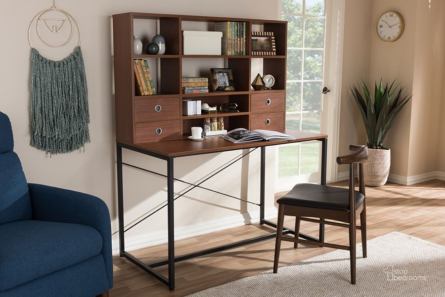The appearance of Baxton Studio Edwin Rustic Industrial Style Brown Wood And Metal 2-In-1 Bookcase Writing Desk designed by Baxton Studio in the industrial interior design. This brown piece of furniture  was selected by 1StopBedrooms from Edwin Collection to add a touch of cosiness and style into your home. Sku: WS12202-Coffee/Black. Material: Wood. Product Type: Writing Desk. Image1