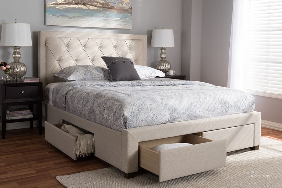 The appearance of Baxton Studio Aurelie Modern And Contemporary Light Beige Fabric Upholstered King Size Storage Bed designed by Baxton Studio in the modern / contemporary interior design. This light beige piece of furniture  was selected by 1StopBedrooms from Aurelie Collection to add a touch of cosiness and style into your home. Sku: CF8622-D-Light Beige-King. Bed Type: Storage Bed. Material: Fabric. Product Type: Storage Bed. Bed Size: King. Image1