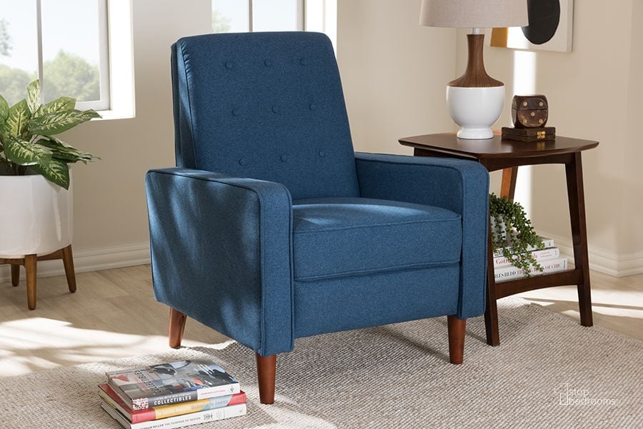 The appearance of Baxton Studio Mathias Mid-Century Modern Blue Fabric Upholstered Lounge Chair designed by Baxton Studio in the transitional interior design. This blue piece of furniture  was selected by 1StopBedrooms from Mathias Collection to add a touch of cosiness and style into your home. Sku: 1705-Blue. Material: Fabric. Product Type: Lounge Chair. Image1