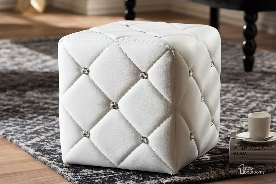 The appearance of Baxton Studio Stacey Modern And Contemporary White Faux Leather Upholstered Ottoman designed by Baxton Studio in the modern / contemporary interior design. This white piece of furniture  was selected by 1StopBedrooms from Stacey Collection to add a touch of cosiness and style into your home. Sku: 1710-White. Material: Wood. Product Type: Ottoman. Image1