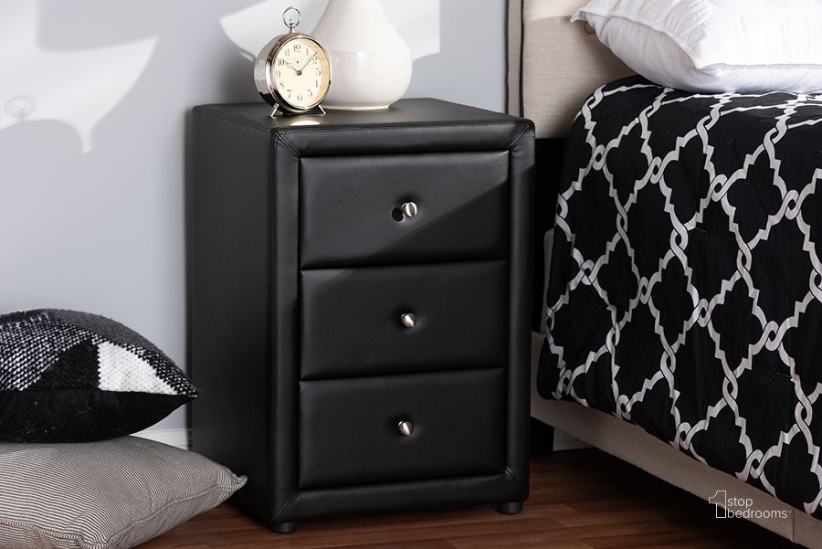 The appearance of Baxton Studio Tessa Modern And Contemporary Black Faux Leather Upholstered 3-Drawer Nightstand designed by Baxton Studio in the modern / contemporary interior design. This black piece of furniture  was selected by 1StopBedrooms from Tessa Collection to add a touch of cosiness and style into your home. Sku: BBT3138-Black-NS. Material: Leather. Product Type: Nightstand. Image1